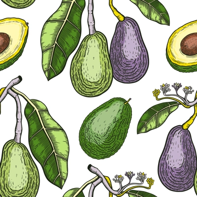 Green avocado background design. Flat fruit branches, flowers, whole avocado, cut half piece in colors. Seamless healthy food pattern. Vector plant illustration for textile, packaging, print.